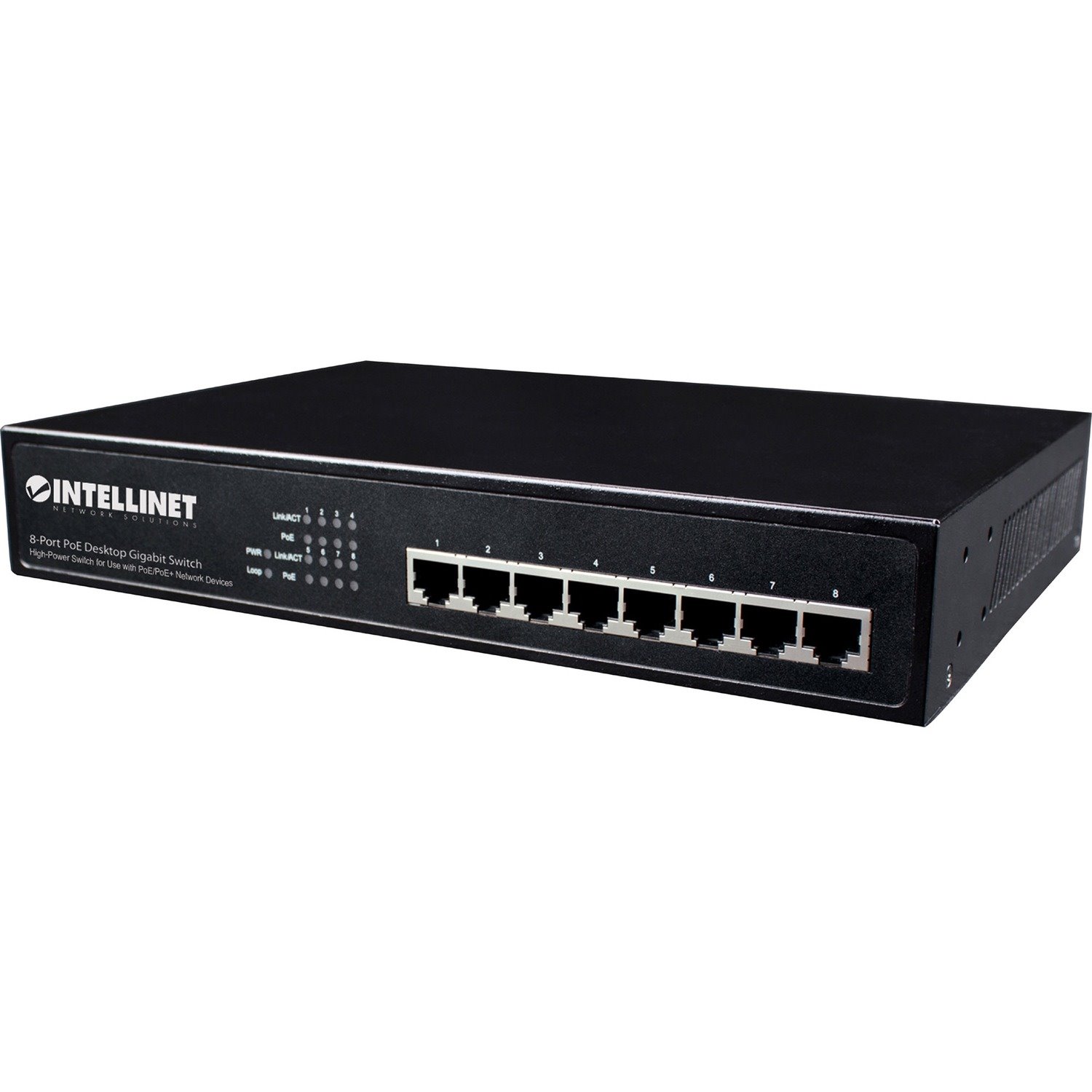 Intellinet Network Solutions 8-Port Gigabit PoE+ Switch, 140 Watt Power Budget, Desktop, Rackmount with Ears
