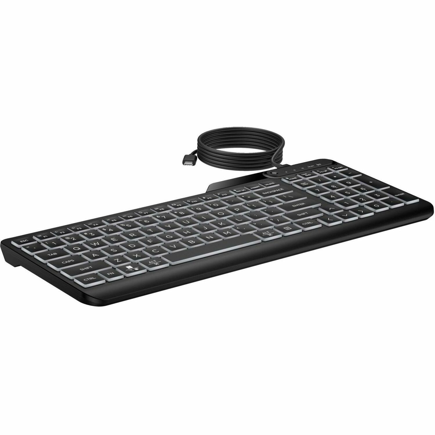 HP 405 Multi-Device Backlit Wired Keyboard Removable USB-C® cable with USB-A Slim Full-size Numpad LED light Multi-OS compatible 150cm Cable Black