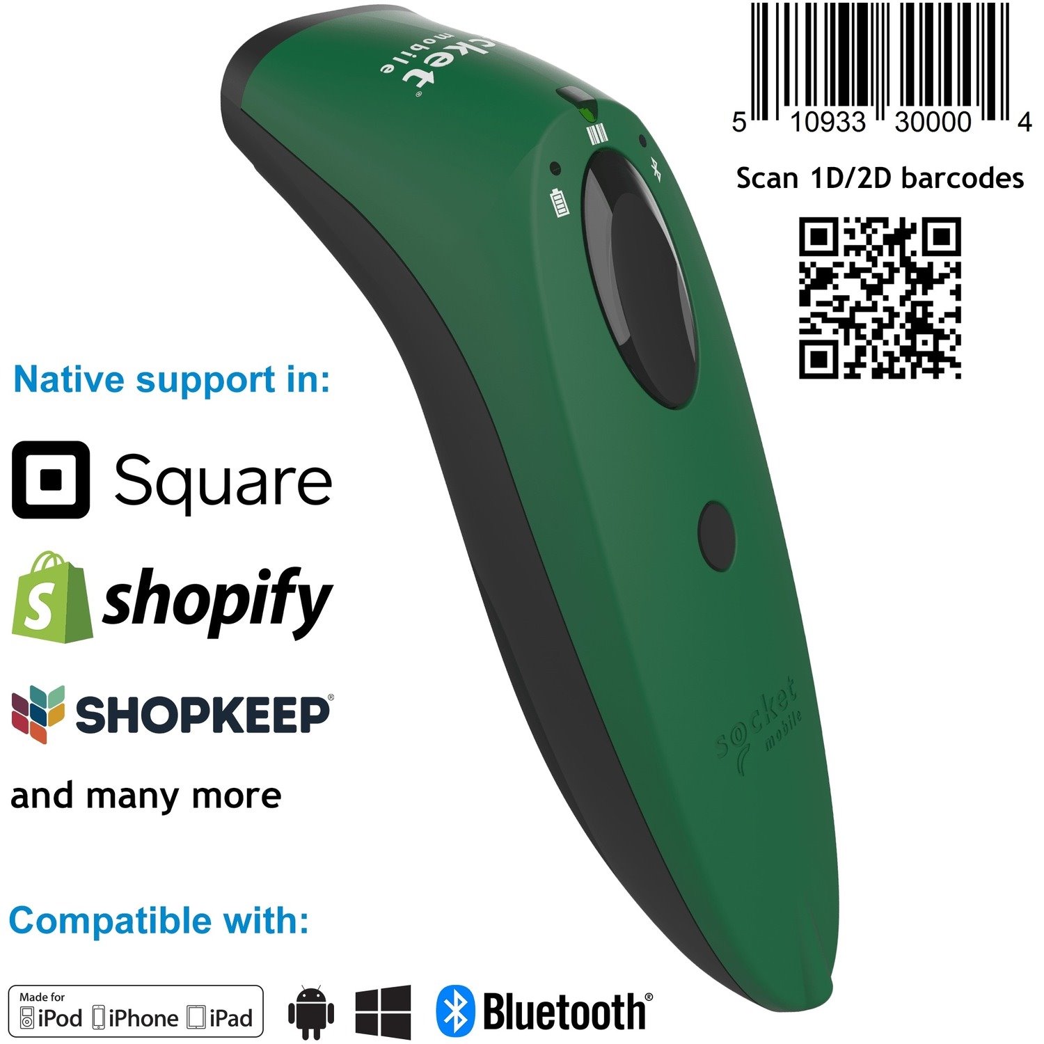 Socket Mobile SocketScan S740 Handheld Barcode Scanner - Wireless Connectivity - Green