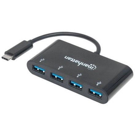 Manhattan USB-C Dock/Hub, Ports (x4): USB-A (x4), 5 Gbps (USB 3.2 Gen1 aka USB 3.0), External Power Supply Not Needed, HB30C4AB, Cable 20cm, SuperSpeed USB, Black, Three Year Warranty, Blister