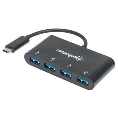 Manhattan USB-C Dock/Hub, Ports (x4): USB-A (x4), 5 Gbps (USB 3.2 Gen1 aka USB 3.0), External Power Supply Not Needed, HB30C4AB, Cable 20cm, SuperSpeed USB, Black, Three Year Warranty, Blister