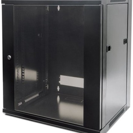 Network Cabinet, Wall Mount (Standard), 9U, 450mm Deep, Black, Flatpack, Max 60kg, 19" , Metal & Glass Door, Back Panel, Removeable Sides, Suitable also for use on a desk or floor, 19" , Parts for wall installation not included, Three Year Warranty