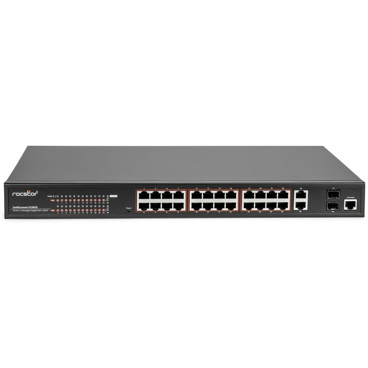 Rocstor SolidConnect SCM28 24-Port PoE+ Gigabit Managed Switch with 1 Gigabit RJ45 & 2 SFP Ports (Y10S011-B1)