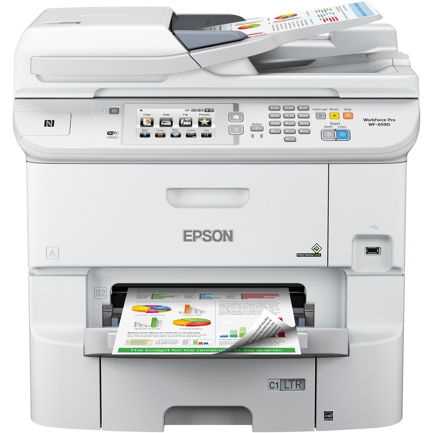 Epson WorkForce Pro WF-6590 Wireless Inkjet Multifunction Printer-Color-Copier/Fax/Scanner-4800x1200 Print-Automatic Duplex Print-75000 Pages Monthly-580 sheets Input-Color Scanner-1200 Optical Scan-Color Fax-Gigabit Ethernet-Wireless LAN