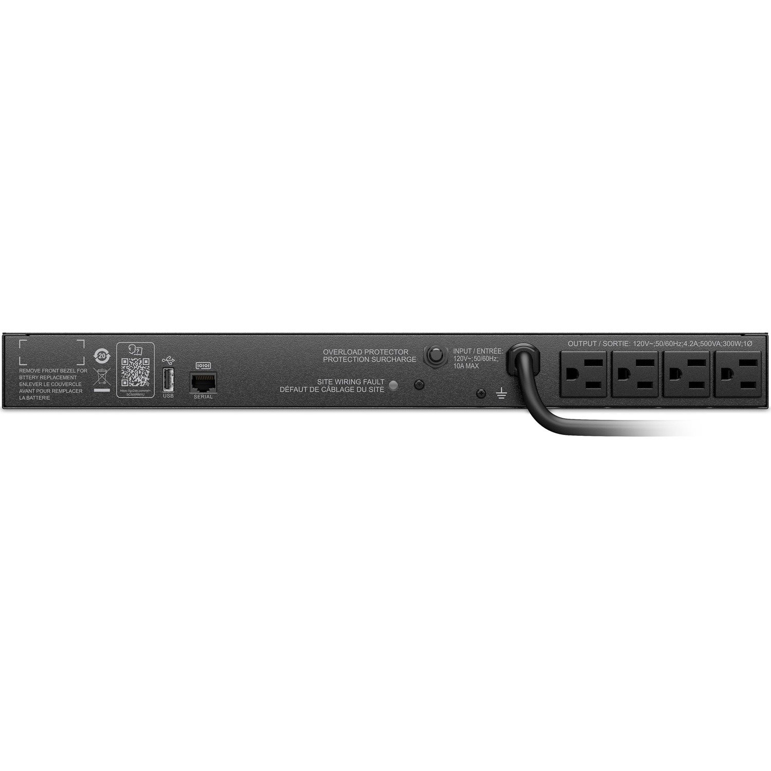 APC Smart-UPS, Line Interactive, 500VA, Rackmount 1U, 120V, 4x NEMA 5-15R outlets, Short Depth