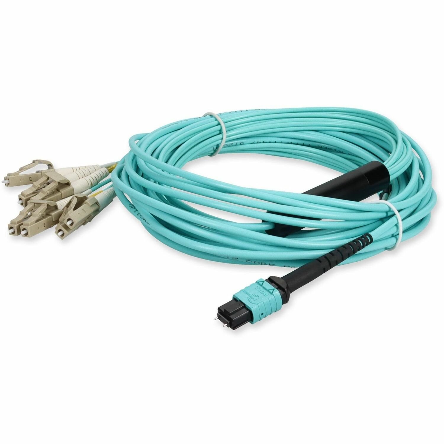 AddOn 8m MPO/UPC (Male) to 4xLC Duplex (8xLC)/UPC Aqua OM4 OFNR (Riser-Rated) 8-Strand Fiber Fanout Cable