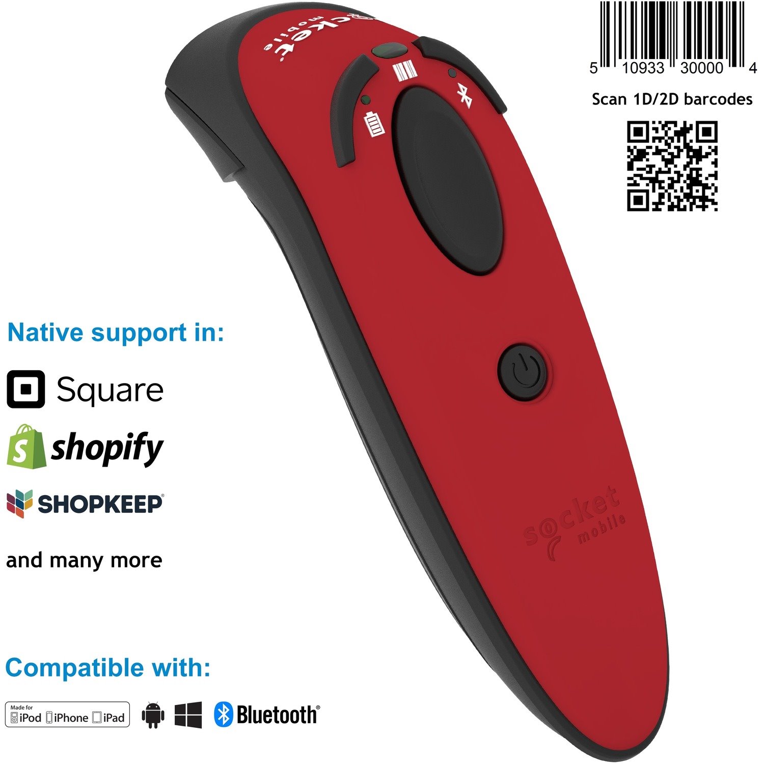 Socket Mobile DuraScan D760 Handheld Barcode Scanner - Wireless Connectivity - Red