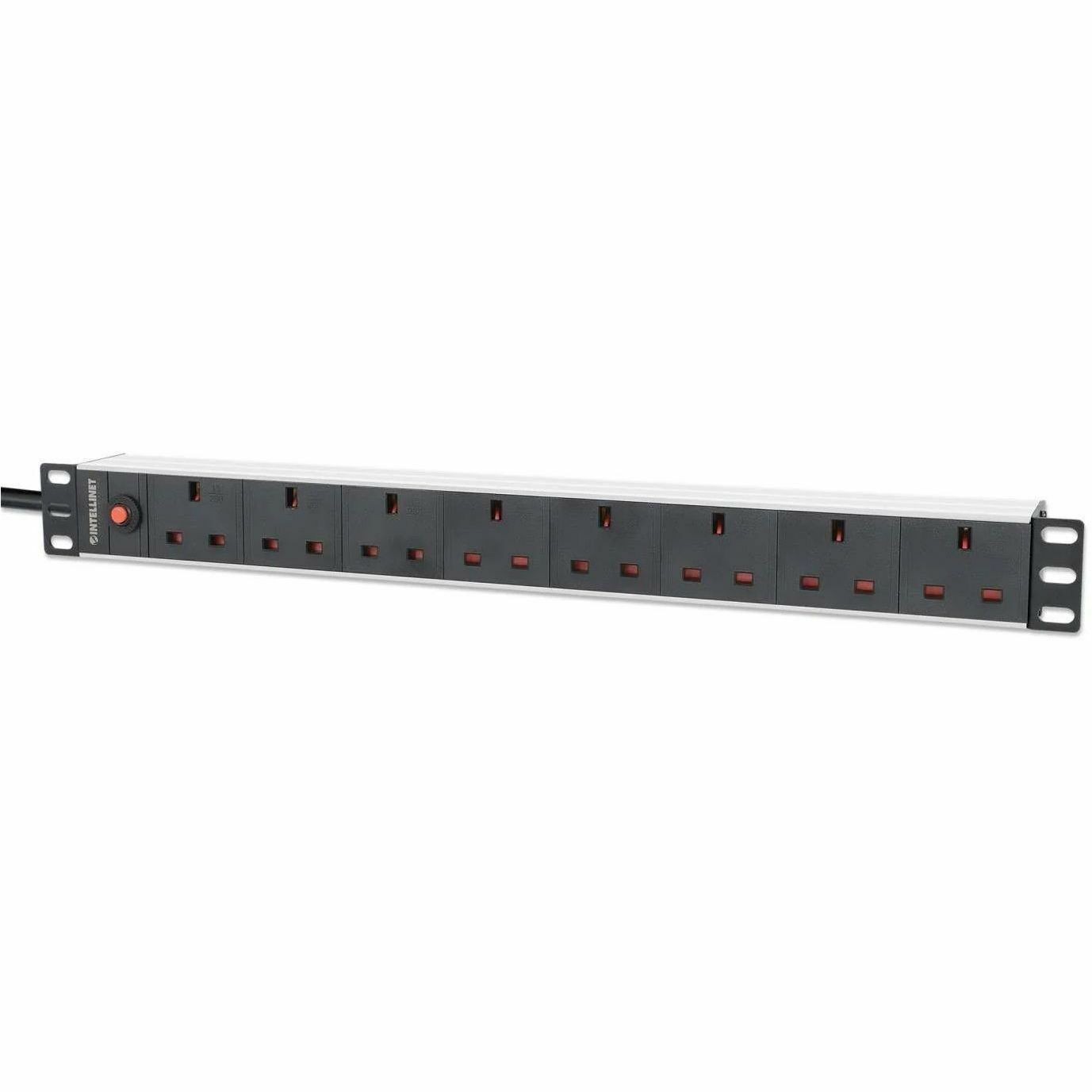 19" 1U PDU 7-way UK, Overload Protection, Rackmount, Power Distribution Unit, UK 3-pin outlets, 3m power cord, output