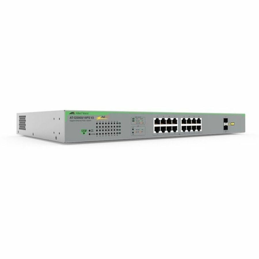 Allied Telesis At GS950/18PS V2 - Switch - Smart - 16 X 10/100/1000 (PoE+) + 2 X 1000Base-X - Side To Side Airflow - Desktop, Rack-Mountable, Wall-Mountable - PoE+ (185 W)