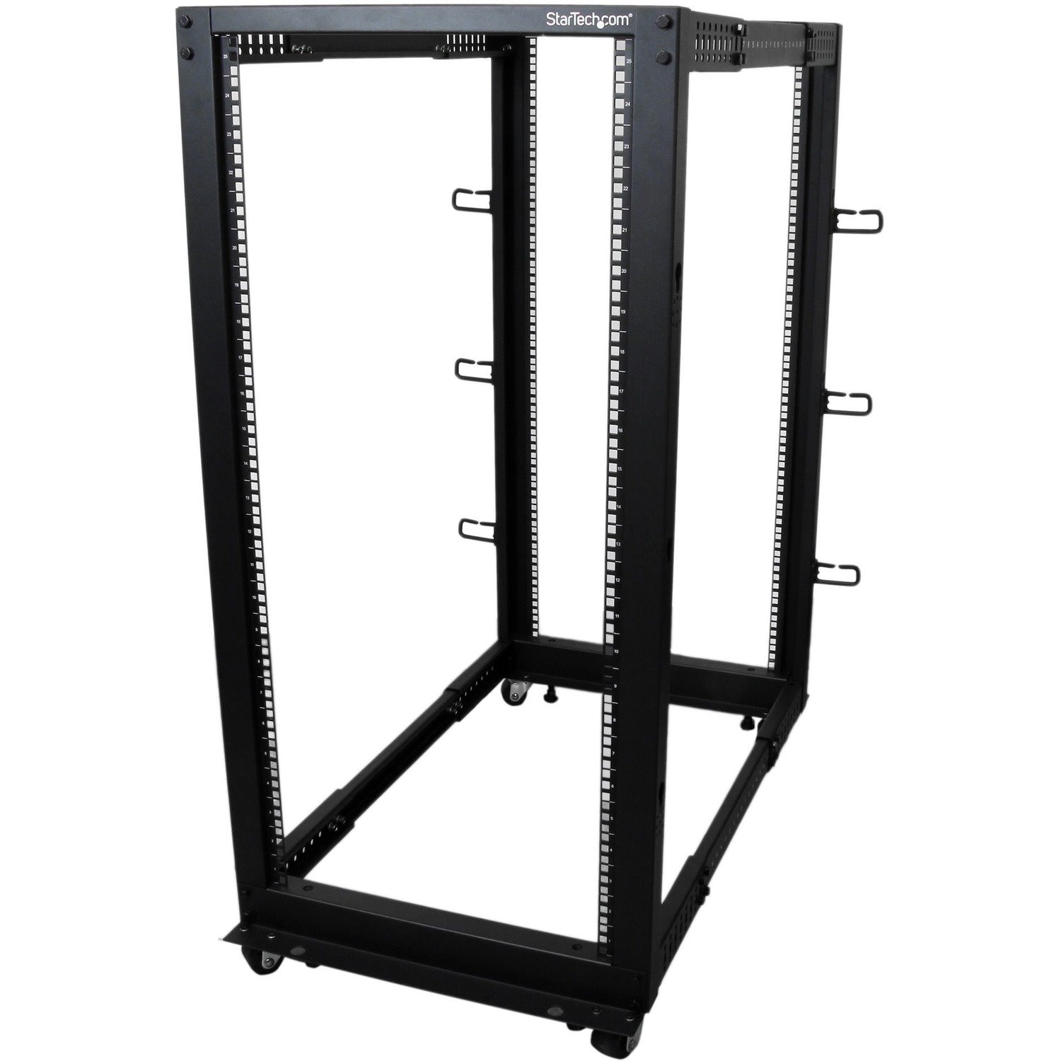 StarTech.com 4-Post 25U Mobile Open Frame Server Rack, 19in Network Rack with Casters, Rolling Rack for Computer/AV/Data/IT Equipment