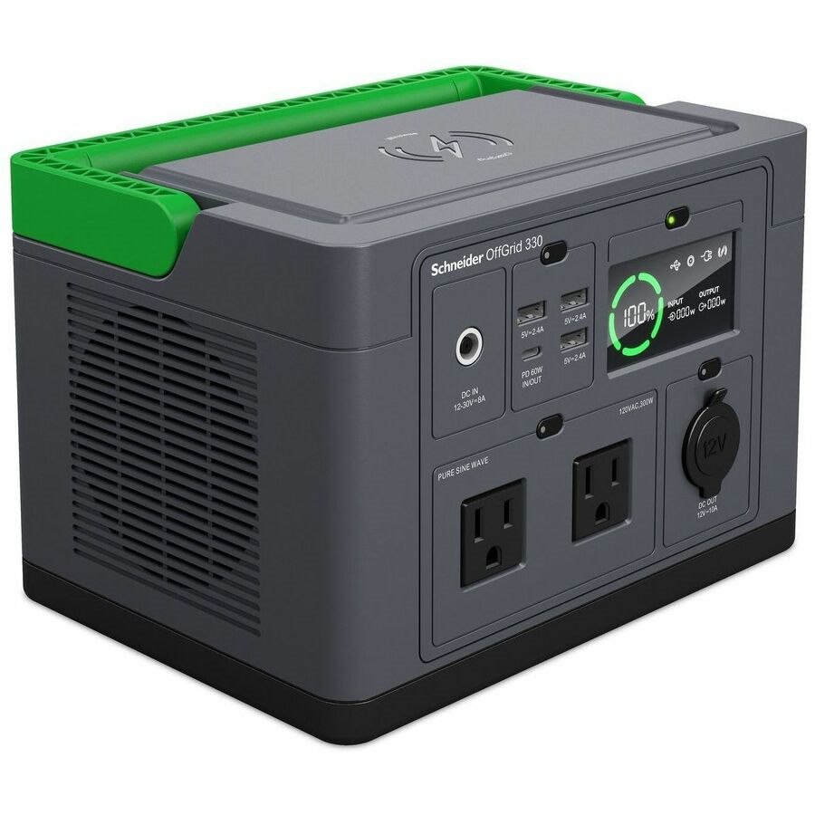 Schneider OffGrid Portable Power Station 330, 120V, 332Wh Lithium-ion, LCD, 2 NEMA, Sinewave, 3 USB-A, 1 USB-C, Wireless Charger