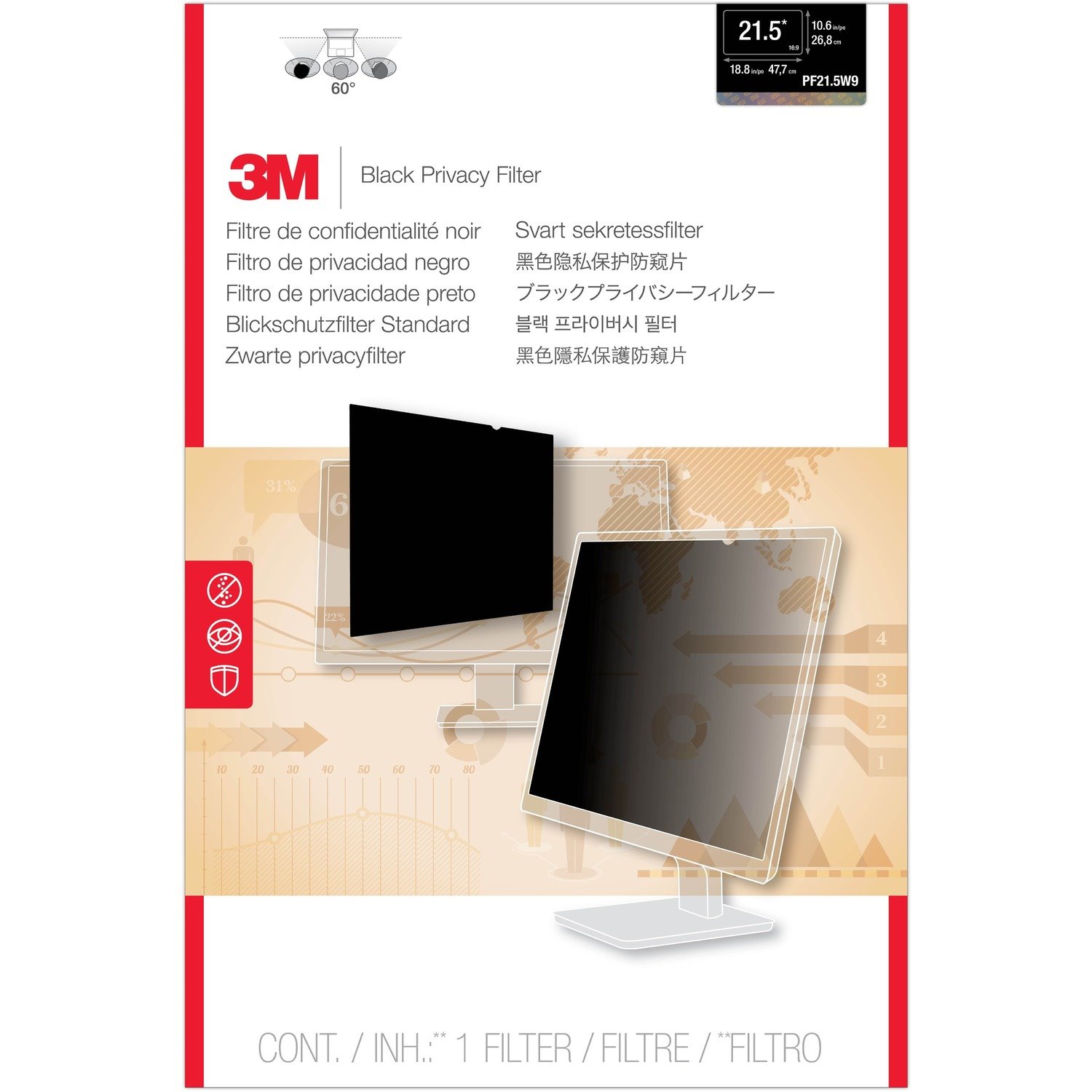 3M PF21.5W9 Privacy Screen Filter - Black