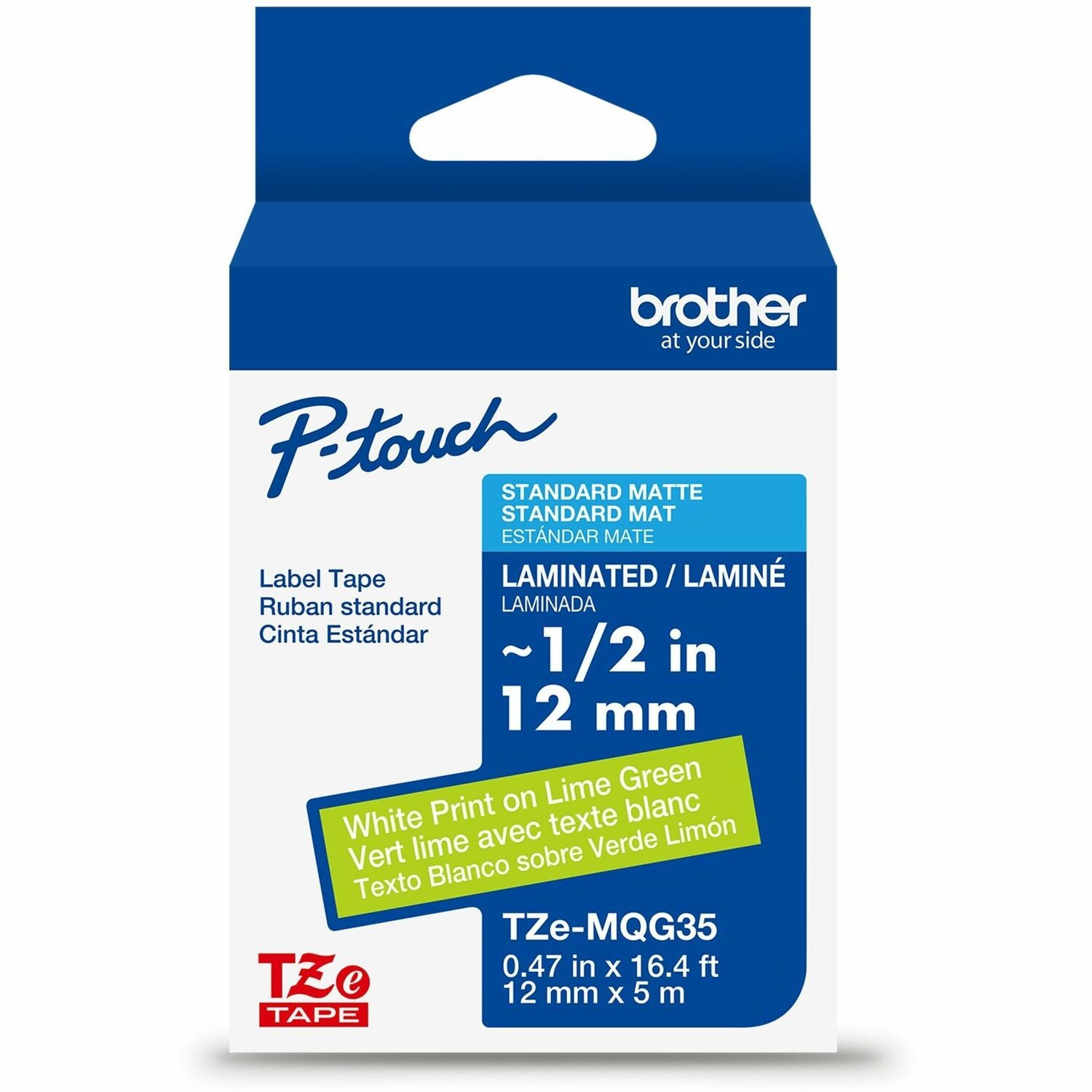 Brother Genuine P-touch TZeMQG35 WHT on LM GRN Label Tape, Laminated, 12mmX5m
