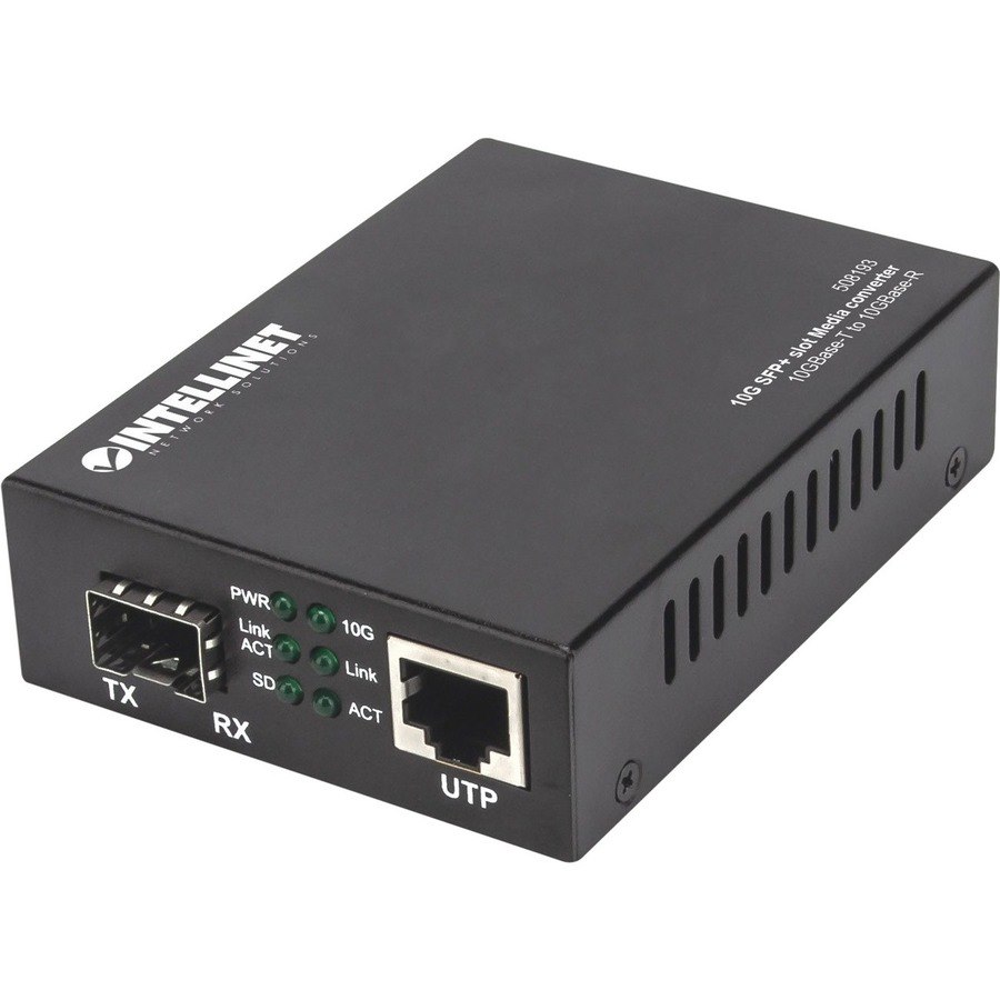 Intellinet 10GBase-T to 10GBase-R Media Converter, 1 x 10 GB SFP+ Slot, 1 x 10GB RJ45 Port (With 2 Pin Euro Power Adapter)