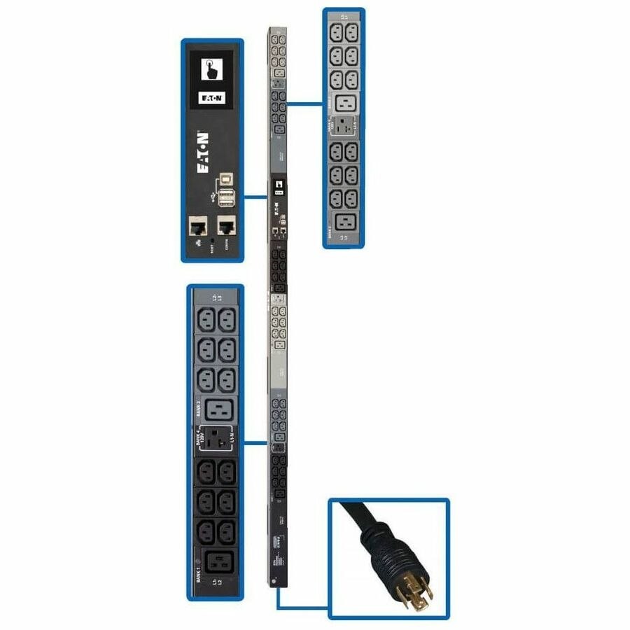 Eaton 5.8kW 208/120V 3PH Monitored PDU - LX Interface, Gigabit, 45 Outlets, L21-20P Input, LCD, 1.8 m Cord, 0U 1.8 m Height, TAA