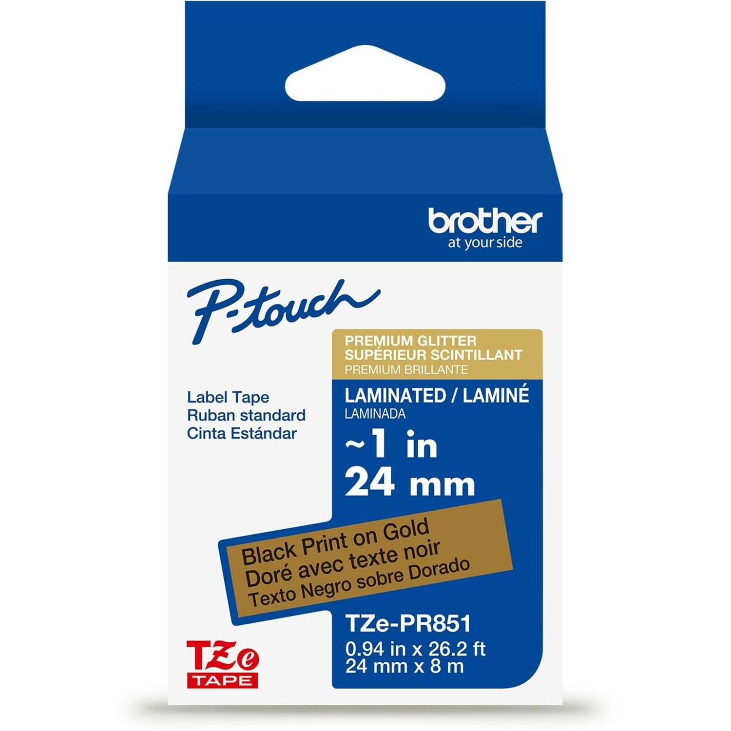 Brother Genuine P-touch TZePR851 BK on GLD Label Tape, Premium Glitter Laminated, 24mmX8m