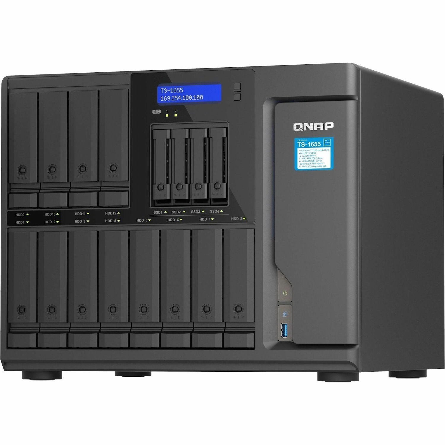 QNAP Turbo NAS TS-1655-8G 12 x Total Bays SAN/NAS Storage System - 5 GB Flash Memory Capacity - Intel Atom C5125 Octa-core (8 Core) 2.80 GHz - 8 GB RAM - DDR4 SDRAM Tower