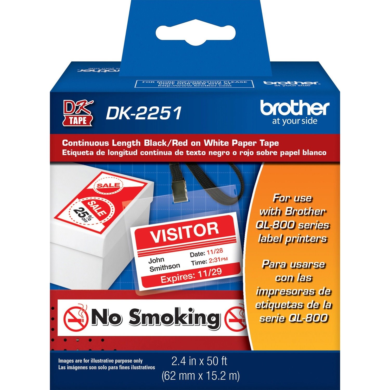 Brother DK2251 - Black/Red on White Continuous Length Paper Labels