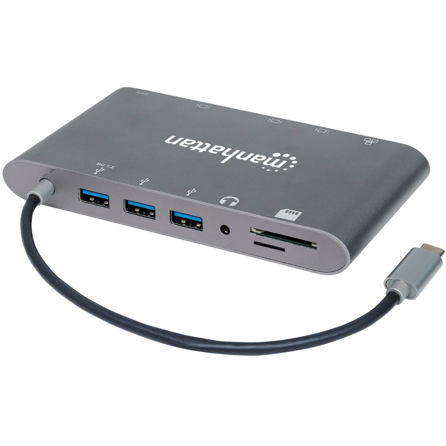 Manhattan USB-C Dock/Hub with Card Reader, Ports (x8): USB-C to HDMI, Audio 3.5mm, Ethernet, Mini DisplayPort, USB-A (x3) and USB-C, With Power Delivery to USB-C Port (60W), Cable 20cm, Aluminium, Grey, Three Year Warranty, Retail Box