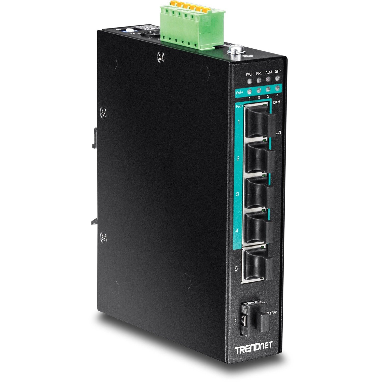 TRENDnet 6-Port Hardened Industrial Gigabit Poe+ Layer 2 Managed DIN-Rail Switch, 4 x Gigabit PoE+ 802.3at Ports, 1 x Gigabit Port, 1 x Gigabit SFP Slot, 120W Power Budget, Black, TI-PG541i