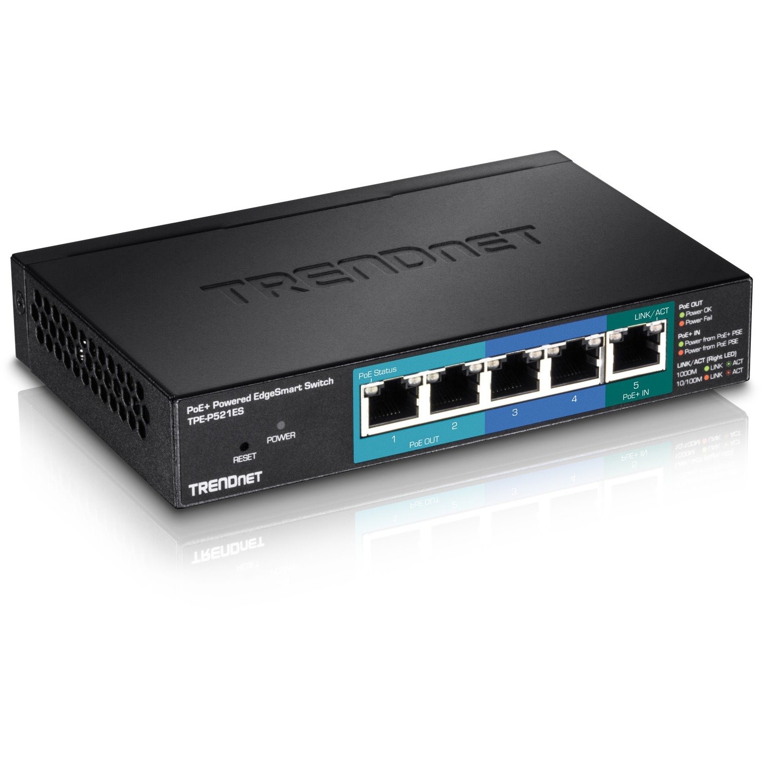 TRENDnet 5-Port Gigabit PoE+ Powered EdgeSmart Switch With PoE Pass Through, 18W PoE Budget, 10Gbps Switching Capacity, Managed Switch, Wall-Mountable, Lifetime Protection, Black, TPE-P521ES