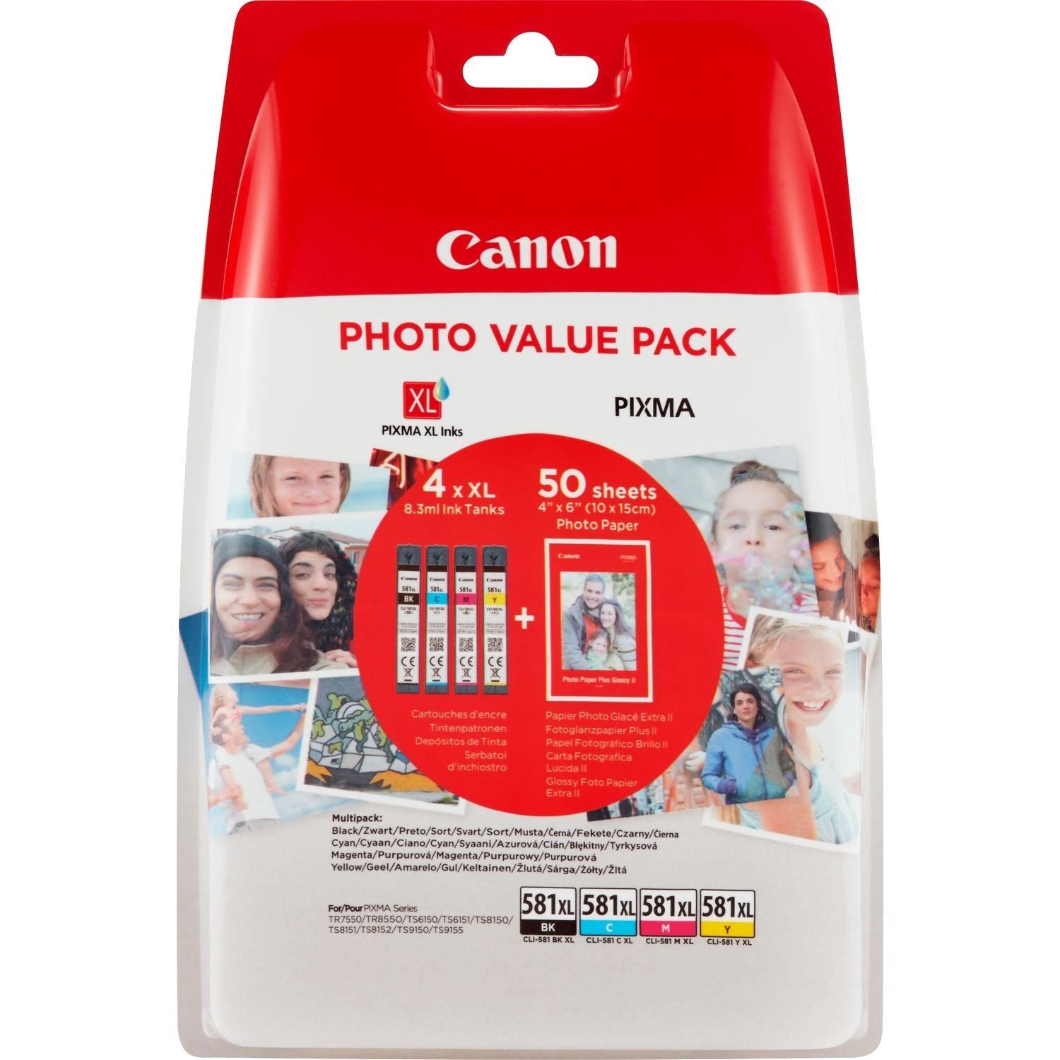 Canon CLI-581XL Original High Yield Inkjet Ink Cartridge/Paper Kit - Value Pack - Black, Yellow, Cyan, Magenta - 4 / Pack