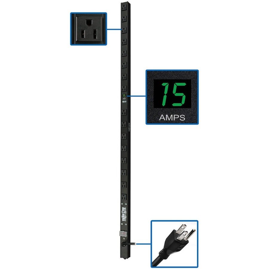 Eaton Tripp Lite Series 1.4kW Single-Phase Local Metered PDU, 120V Outlets (16 5-15R), 5-15P, 15 ft. (4.57 m) Cord, 0U Vertical, 48 in.