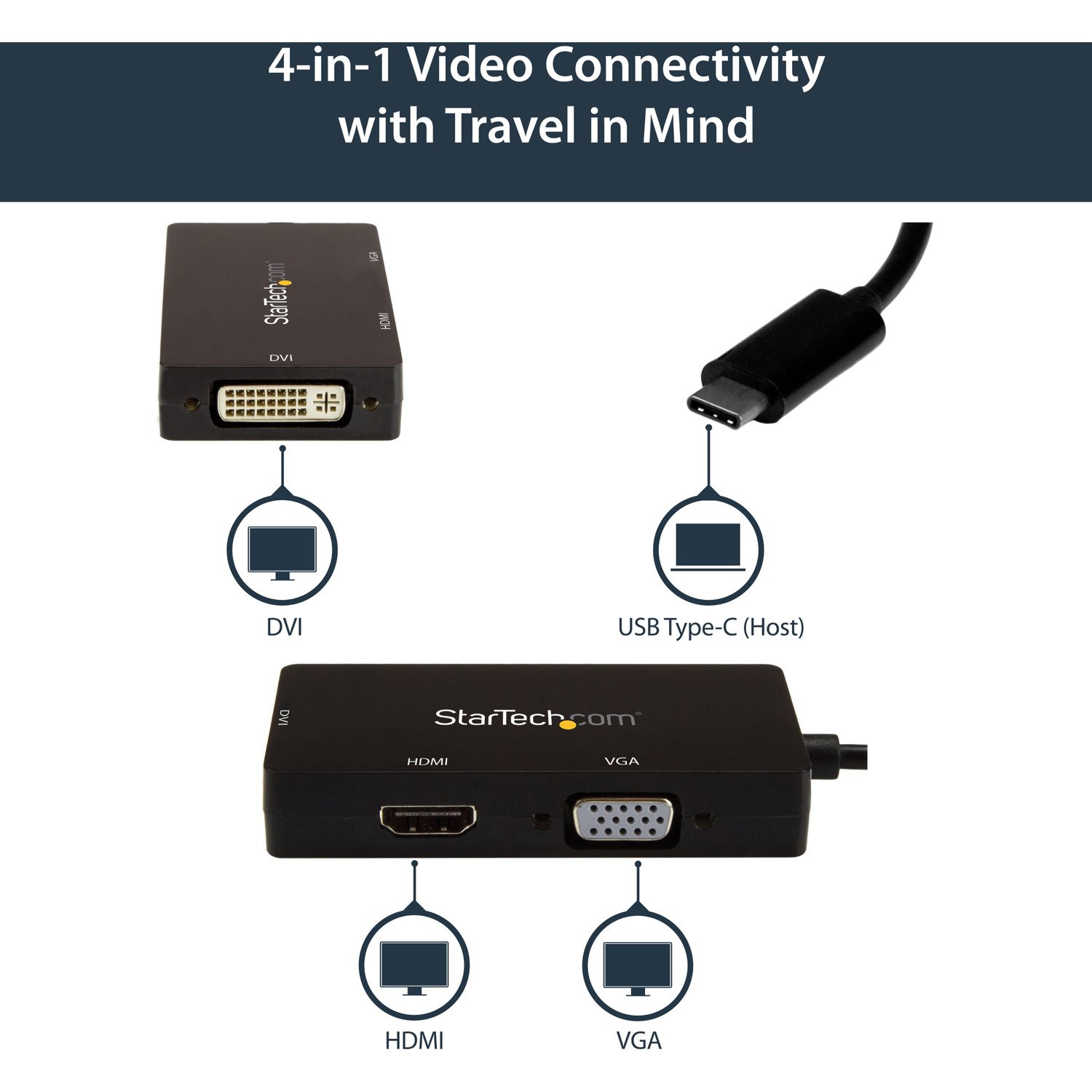 StarTech.com USB-C Multiport Video Adapter - 3-in-1 USB Type-C Video Adapter - USB-C to VGA, DVI, HDMI - 4K 30 Hz - CDPVGDVHDBP