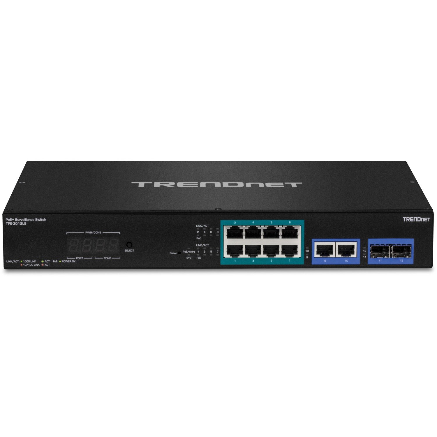 TRENDnet 12-Port Gigabit PoE+ Smart Surveillance Switch with 8 x Gigabit PoE+ Ports; TPE-3012LS; 2 x Gigabit Ports; 2 x SFP Slots; 110W PoE Budget; Long Range PoE+; VLAN; QoS; LACP; ONVIF