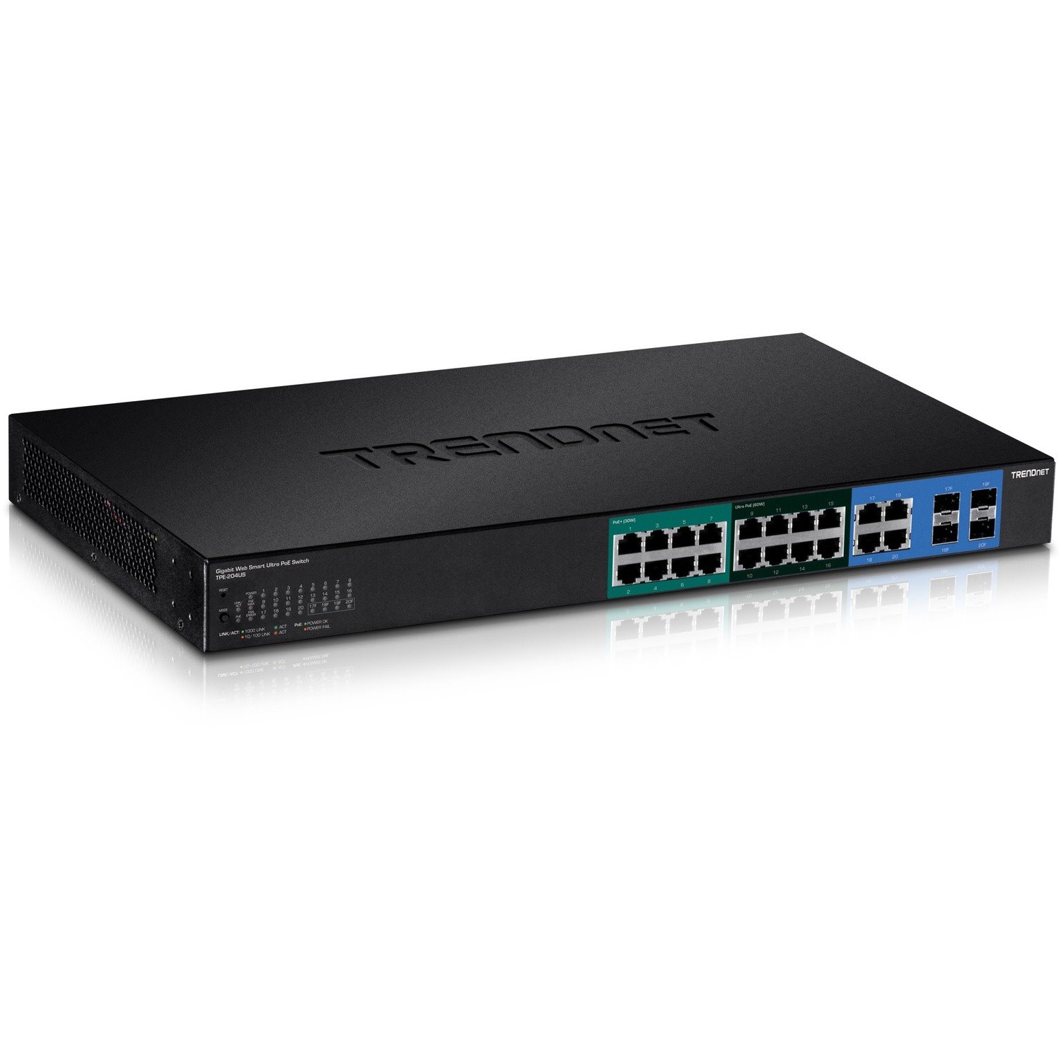 TRENDnet 20-Port Gigabit Web Smart Ultra PoE Switch with 8 x Gigabit UPoE Ports; 8 x Gigabit PoE+ Ports 4 Shared Gigabit Ports (RJ-45 or SFP); VLAN; QoS; IPv6 Support; 370W PoE Power Budget; TPE-204US