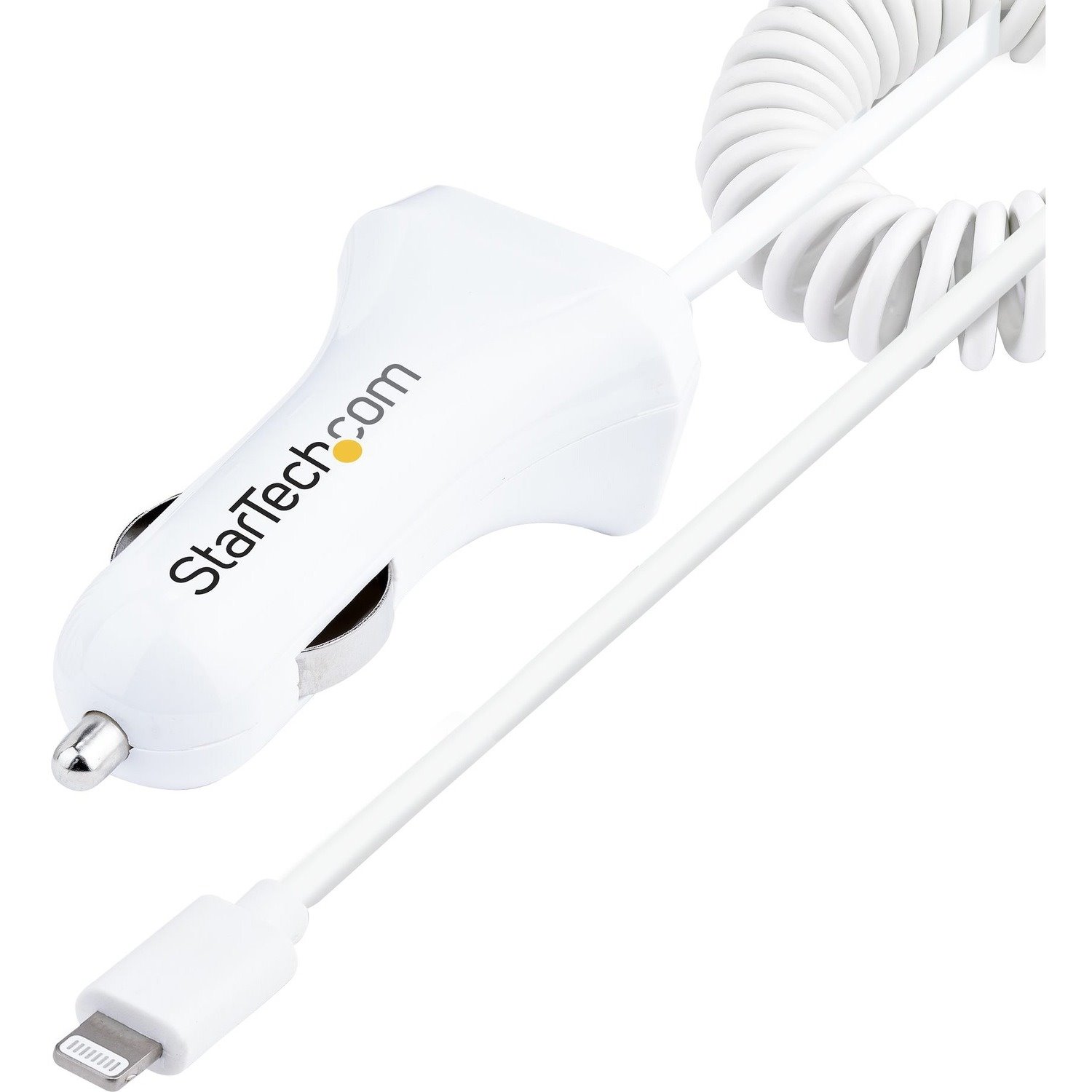 StarTech.com Lightning Car Charger with Coiled Cable, 1m Built-in Cable, 12W, White, 2 Port USB Car Charger Adapter, In Car iPhone Charger