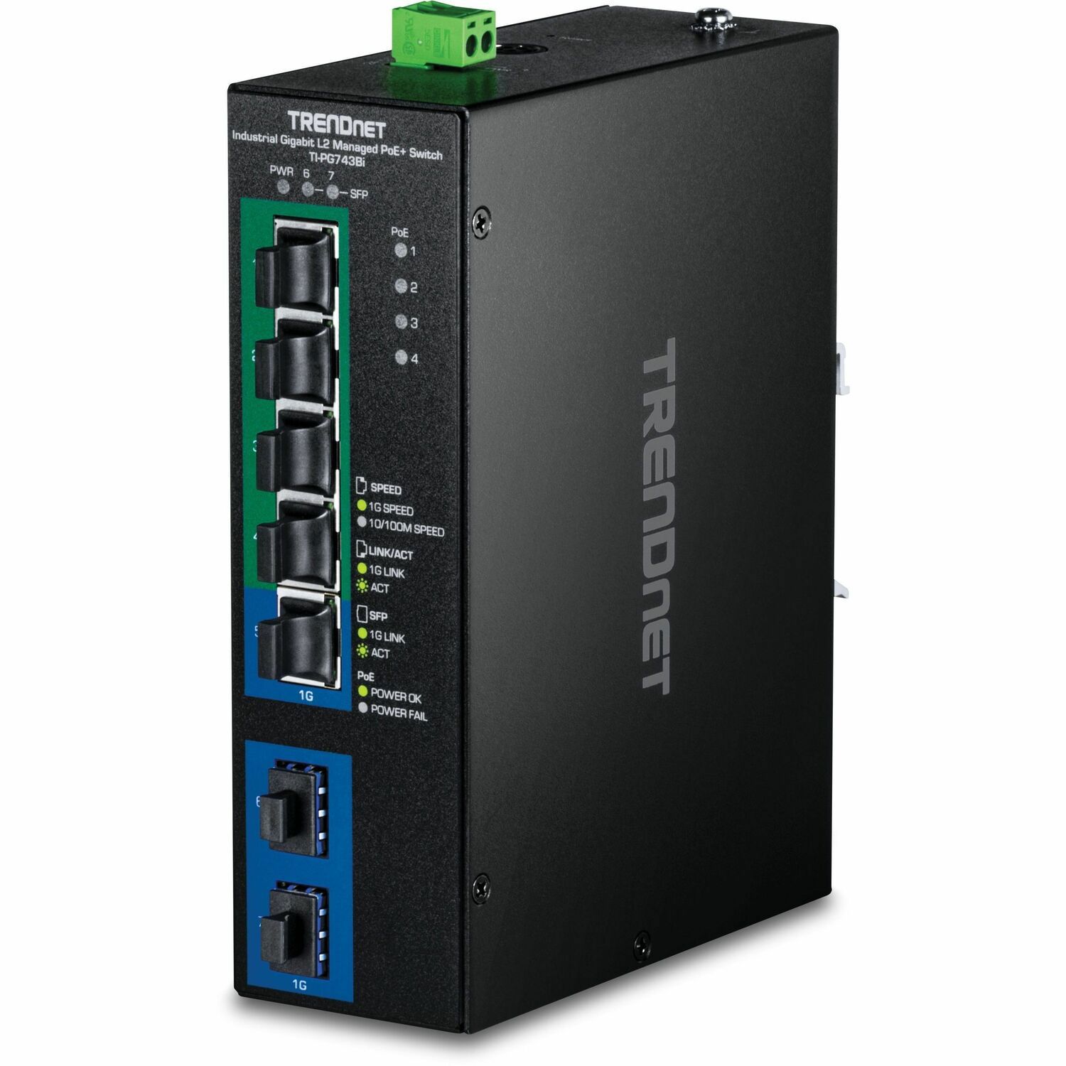 TRENDnet 7-Port Industrial Gigabit L2 Managed PoE+ DINRail Switch 24 - 57V, TI-PG743Bi, Ethernet Splitter, 120W@48V DC or 120W@24V DC, 14Gbps, NDAA & TAA Compliant, IP40 Rated