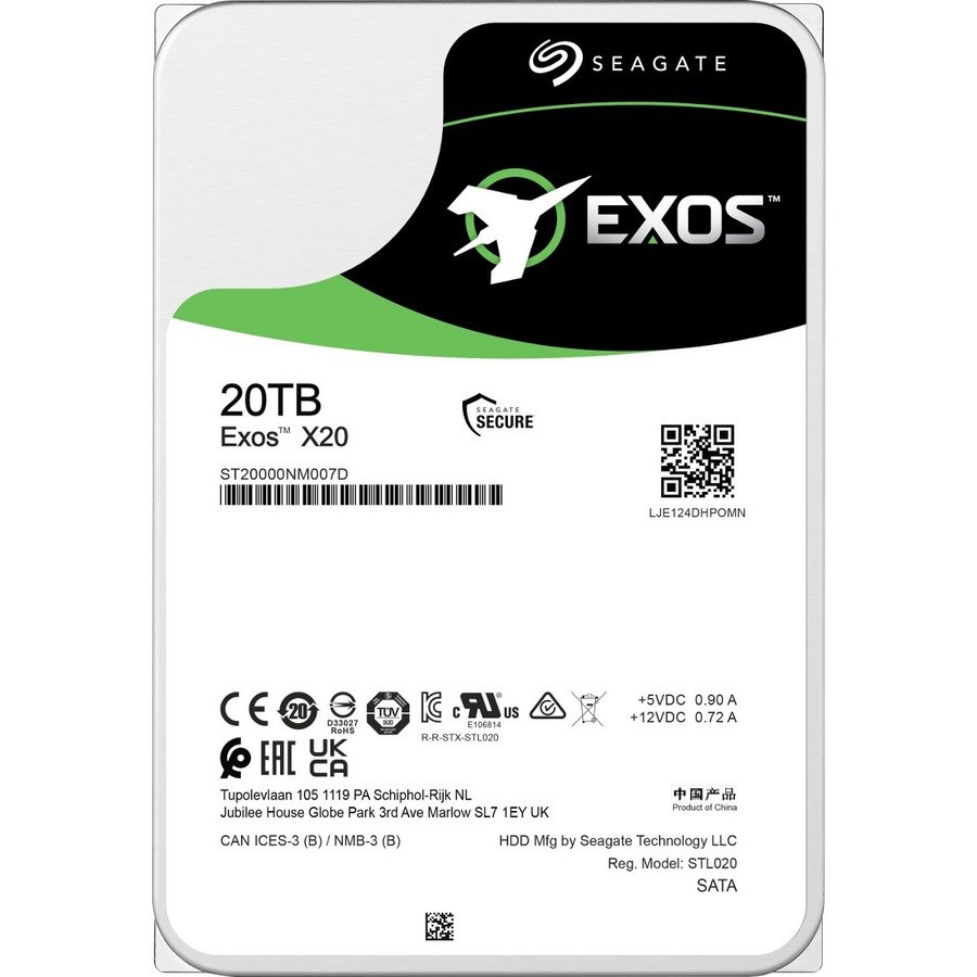 Seagate Exos X20 ST20000NM007D 20 TB Hard Drive - Internal - SATA (SATA/600) - Conventional Magnetic Recording (CMR) Method