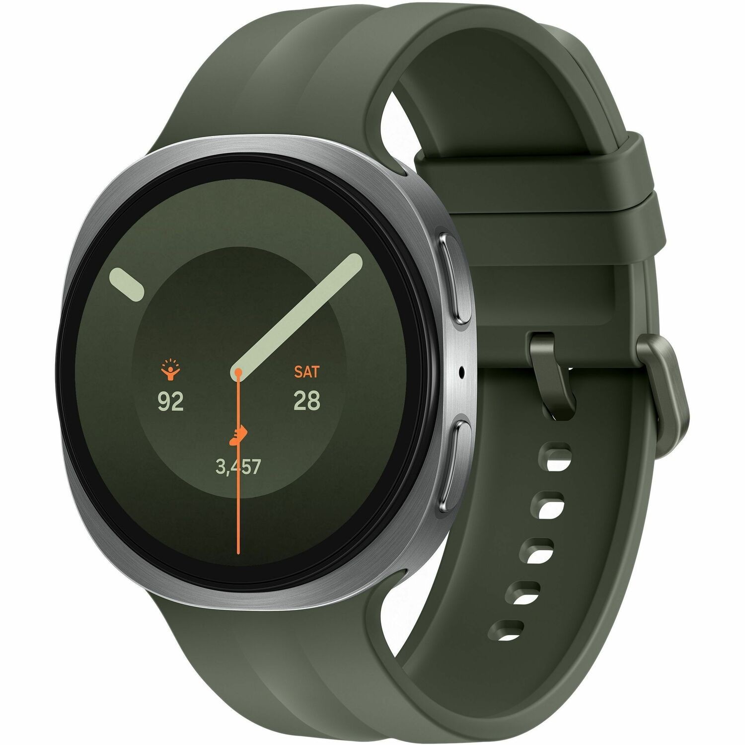 Samsung Galaxy Watch9 SM-L350 Smartwatch - 46 mm Case Height - 43,70 mm Case Width - Zilver Body Color - Olijf Kleur band - Gepantserd aluminium Kastmateriaal - Draadloos LAN