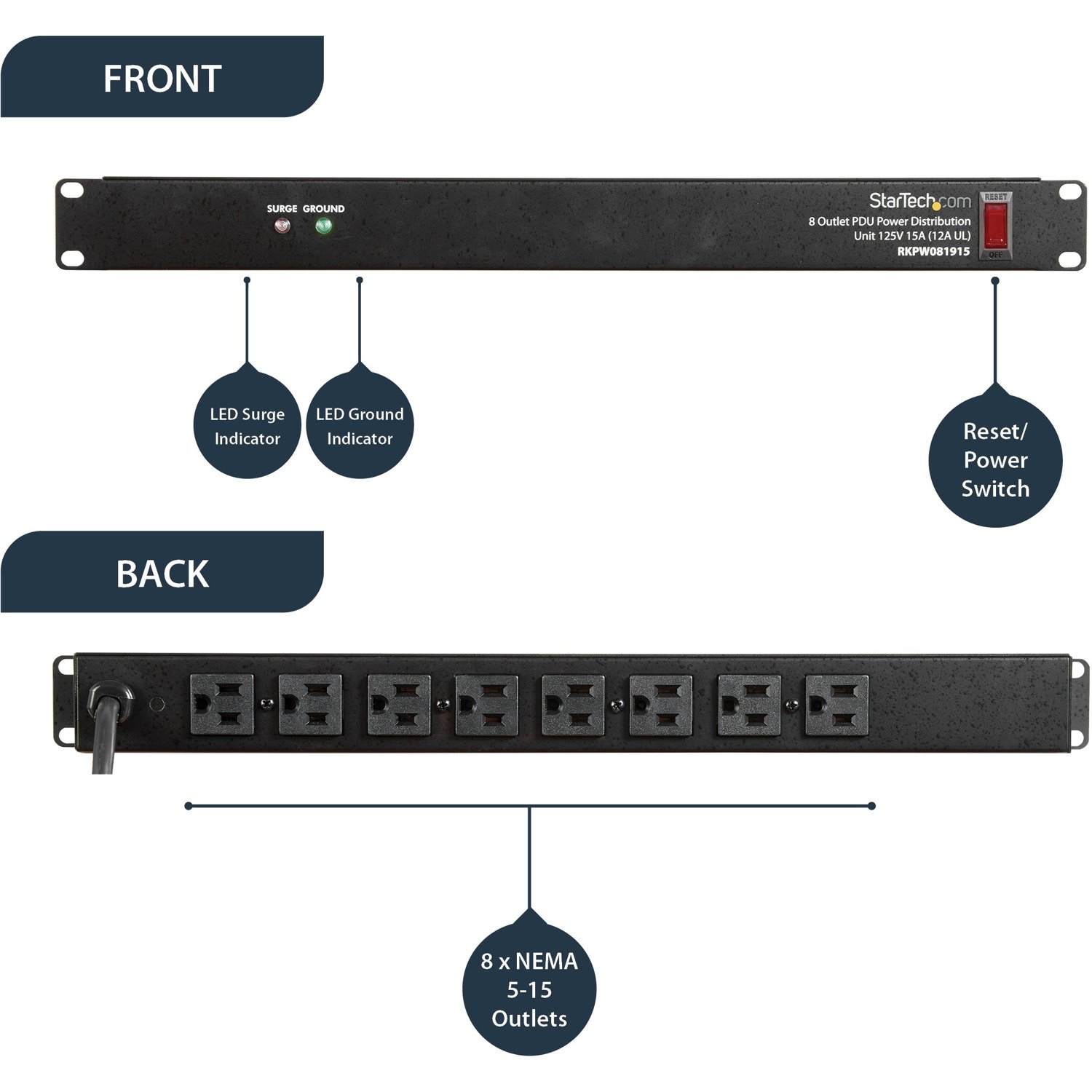 StarTech.com Rackmount PDU with 8 Outlets with Surge Protection - 19in Power Distribution Unit - 1U