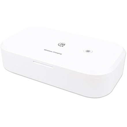 Manhattan UV Phone Sanitizer with Wireless Charger, 10 W Wireless Charging Pad, Integrated UV LEDs to eliminate germs, viruses and bacteria, Quick 1-minute or 5-minute cleaning cycle, Auto-off UV light when opened, White, Three Year Warranty, Retail Box