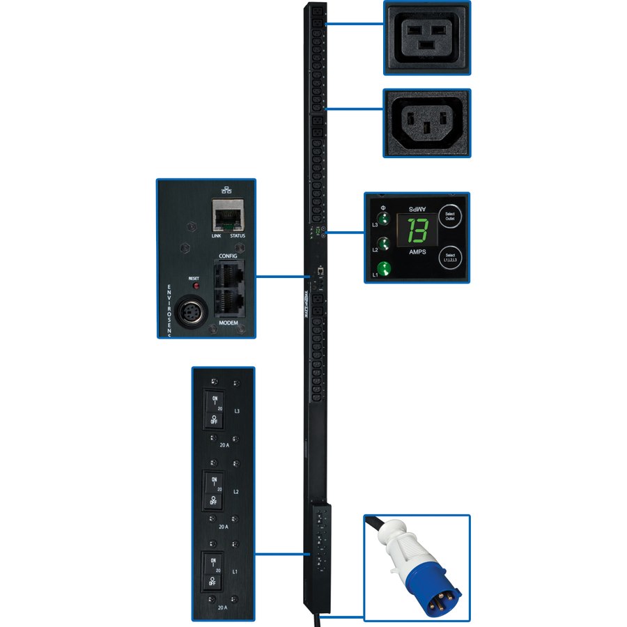 Tripp Lite by Eaton 10kW 3-Phase Monitored PDU, 200/208/240V Outlets (42 C13 & 6 C19), IEC-309 30A Blue, 3 ft. (0.91 m) Cord, 0U Vertical, TAA