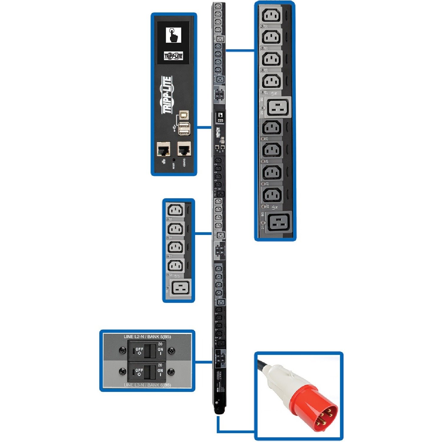 Eaton Tripp Lite Series 28.8kW 220-240V 3PH Switched PDU - LX Interface, Gigabit, 30 Outlets, IEC 309 63A Red 380-415V Input, LCD, 1.8 m Cord, 0U 1.8 m Height, TAA