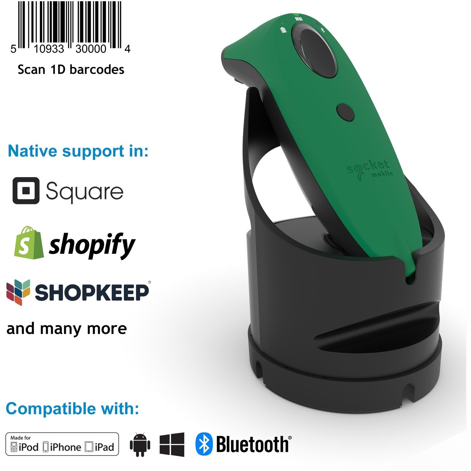 Socket Mobile SocketScan&reg; S730, Laser Barcode Scanner, Green & Black Charging Dock