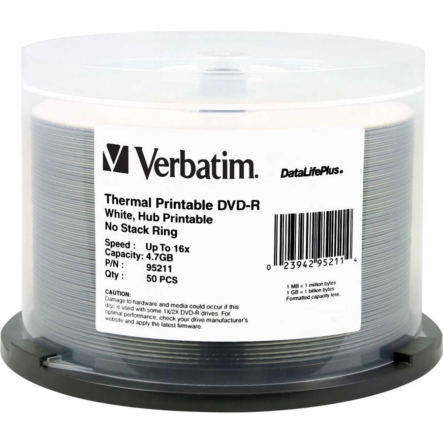 Verbatim DVD-R 4.7GB 16X DataLifePlus White Thermal Printable, Hub Printable - 50pk Spindle