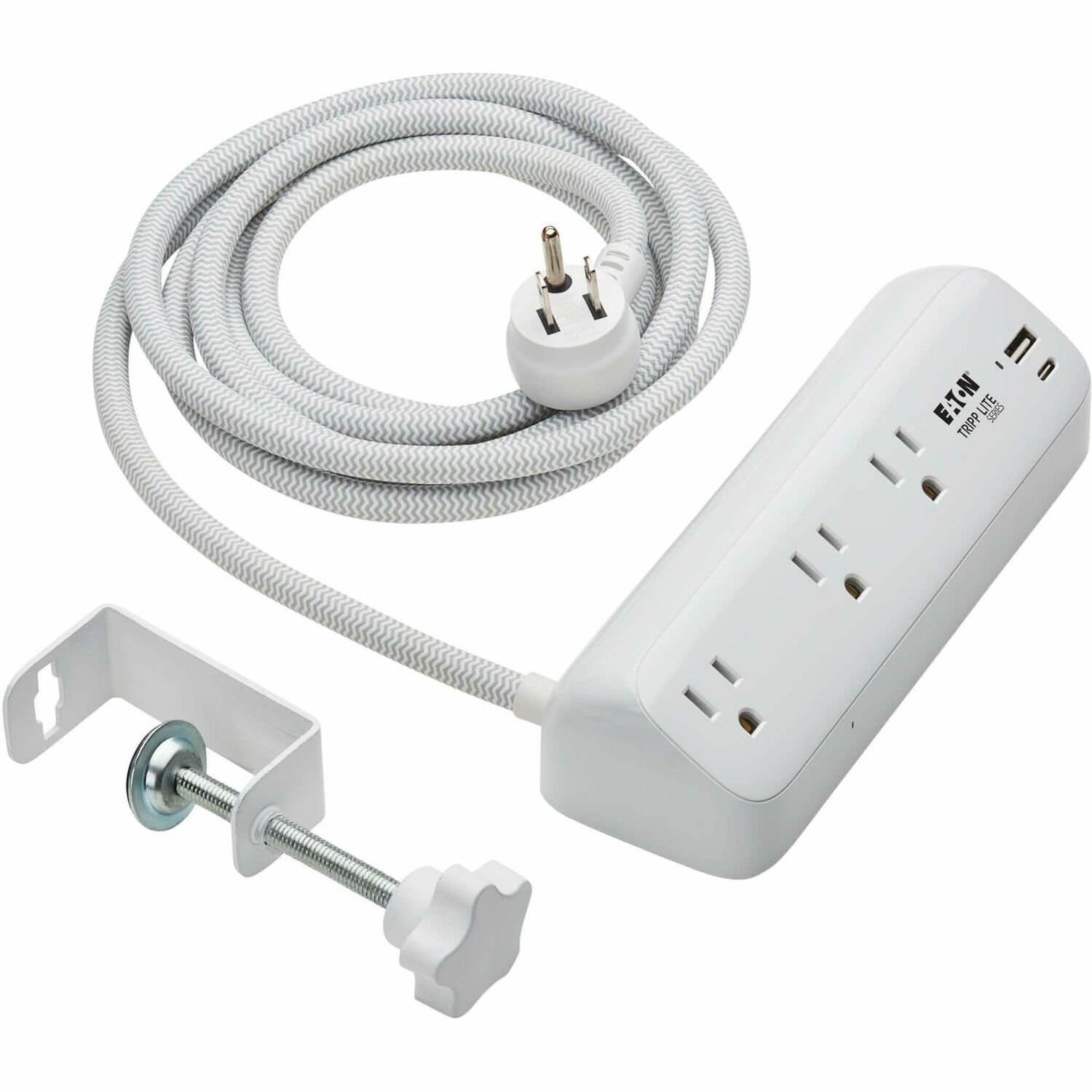 Eaton Tripp Lite Series Protect It! 3-Outlet Surge Protector with USB-A and USB-C Ports - 5-15R Outlets, 900 Joules, 20W PD Charging, Desk Clamp, 8 ft. (2.4 m) Braided Cord, White