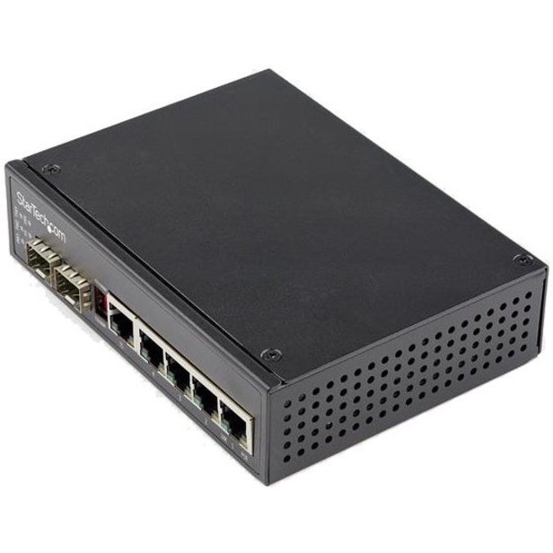 StarTech.com Industrial 6 Port Gigabit Ethernet Switch 4 PoE RJ45 +2 SFP Slots 30W PoE+ 48VDC 10/100/1000 Mbps -40C to 75C w/DIN Connector