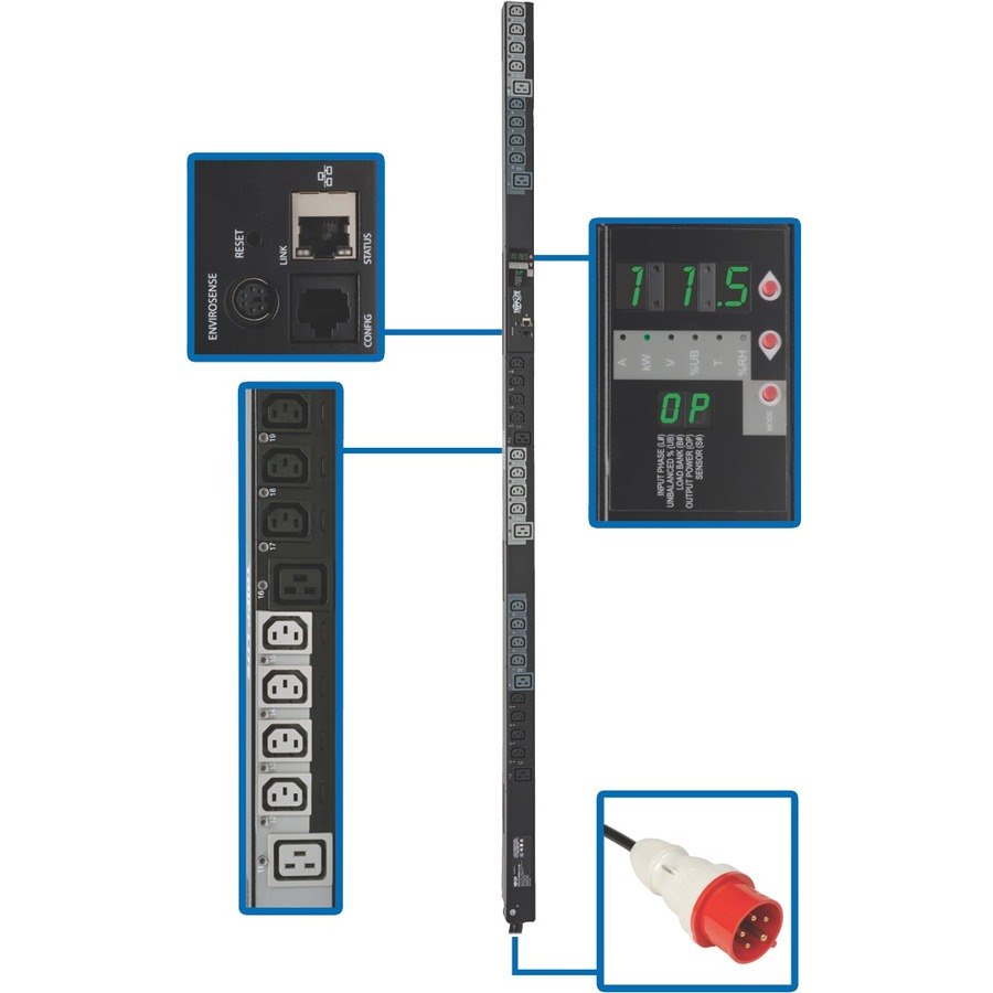 Tripp Lite by Eaton 11.5kW 3-Phase Switched PDU, 208-240V Outlets (24 C13, 6 C19), IEC309 16/20A Red 360-415V Input, 0U, TAA