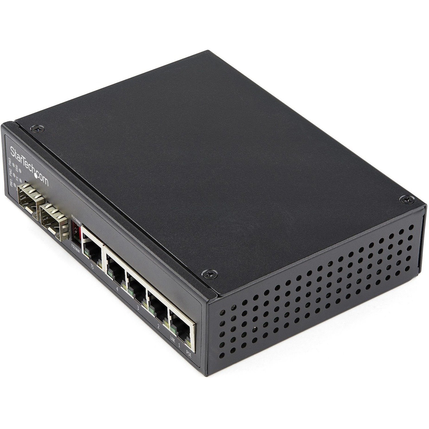 StarTech.com Industrial 5 Port Gigabit Ethernet Switch 5 PoE RJ45 +2 SFP Slots 30W PoE+ 48VDC 10/100/1000 Mbps -40C to 75C w/DIN Connector