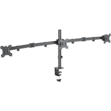 Manhattan TV & Monitor Mount, Desk, Double-Link Arms, 3 screens, Screen Sizes: 10-27" , Black, Clamp Assembly, Triple Screen, VESA 75x75 to 100x100mm, Max 7kg (each), Lifetime Warranty