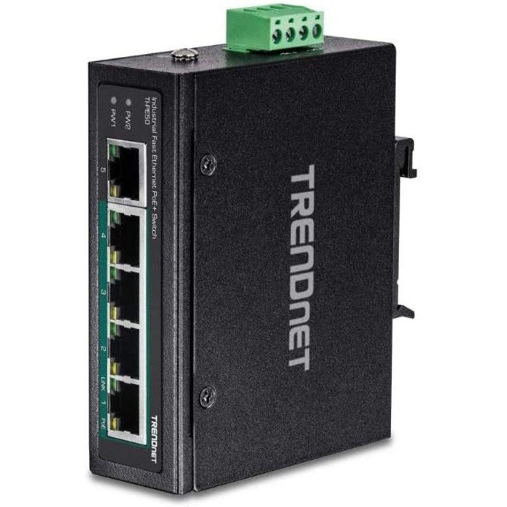 TRENDnet 5-Port Industrial Fast Ethernet DIN-Rail Switch, TI-PE50, Ethernet Splitter, NDAA & TAA Compliant, 90W, DIN-Rail, IP30 Rated, Lifetime Protection, Black