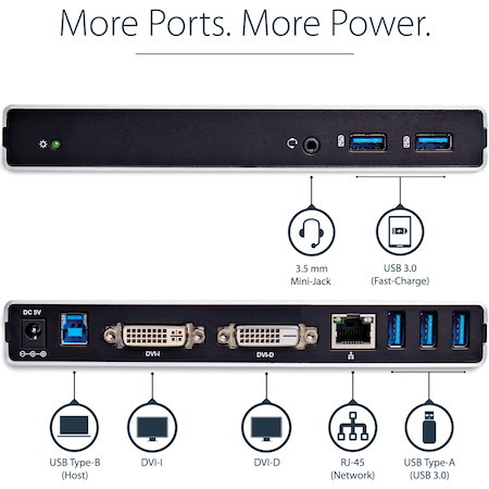 StarTech.com USB 3.0 Docking Station - Compatible with Windows / macOS - Dual DVI Docking Station Supports Dual Monitors - DVI to HDMI and DVI to VGA Adapters Included - USB3SDOCKDD
