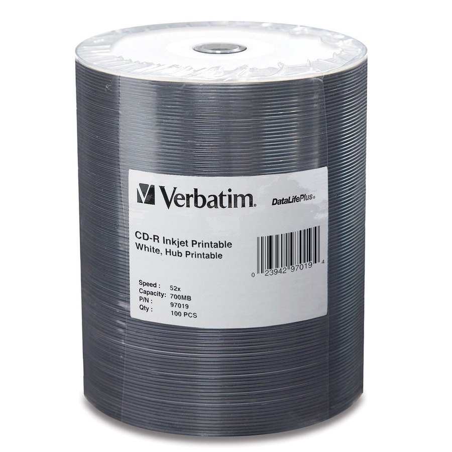 Verbatim CD-R 700MB 52X White Inkjet Printable, Hub Printable - 100pk Tape Wrap