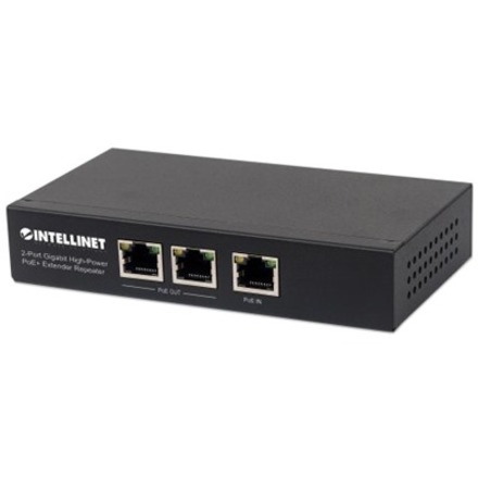 Intellinet 2-Port Gigabit High-Power PoE+ Extender Repeater, IEEE 802.3at/af Power over Ethernet (PoE+/PoE), metal