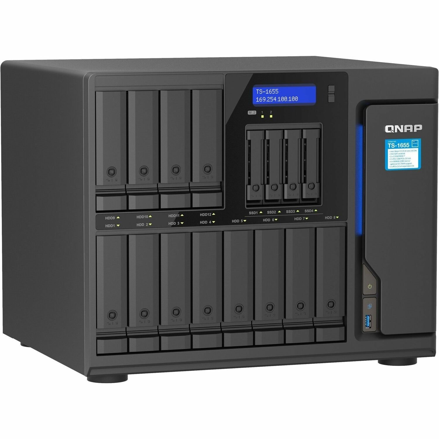 QNAP Turbo NAS TS-1655-8G 12 x Gesamtzahl Einsch&uuml;be SAN/NAS-Speichersystem - 5 GB Größe Flash-Speicher - Intel Atom C5125 Octa-Core 2,80 GHz - 8 GB RAM - DDR4 SDRAM Turm